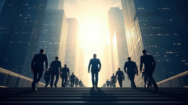 Ambition fuels ascent: Business professionals stride towards success in a gleaming metropolis sunrise., 4k high quality