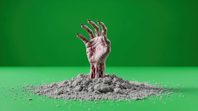 Eerie hand emerges from dirt, a chilling moment of suspense for horror or suspenseful projects, 4k high quality