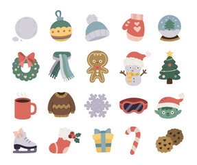 Winter set in scandinavian style featuring cozy clothing, festive decorations, delicious cookie, cheerful snowmen, christmas trees, and traditional holiday gifts for warm celebration