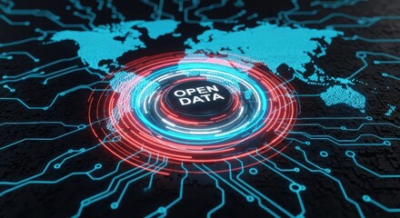 Open Data Concept Displayed on a Futuristic Digital Interface with World Map and Circuit Board Background