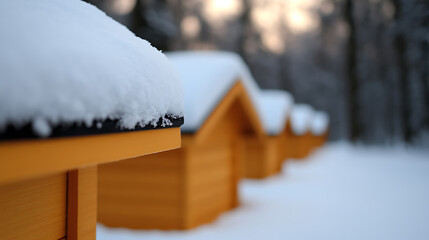 A row of wooden structures covered in snow sit quietly after a fresh snowfall, showcasing winter's serene beauty. The wood structures, stand in peaceful contrast, idyllic.