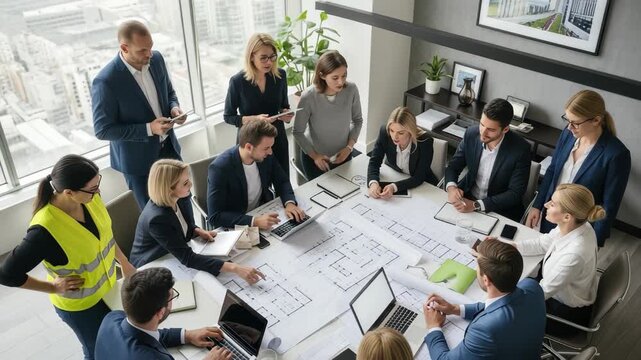 Diverse team collaborates on blueprints, planning modern construction project in bright office, 4k high quality