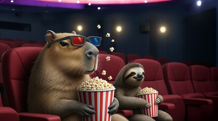 Two friends Capybara and sloth watching movie in the cinema with popcorn