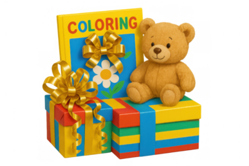 Gifts for children with coloring book and teddy bear, celebrating childhood on transparent background