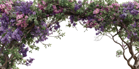Lush floral archway of purple and pink blossoms