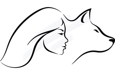 Woman's Profile Dog Head Silhouette Line Art animal woman continuous line art