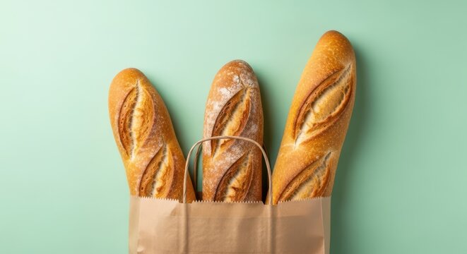 Baguettes de boulangerie fra&icirc;ches dans un sac en papier kraft sur fond pastel. Concept de nourriture traditionnelle.