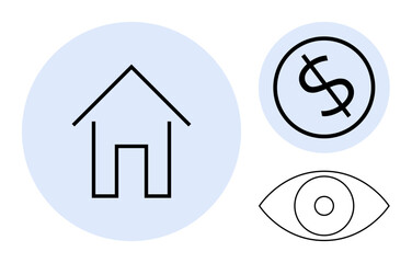 House outline, dollar sign, and eye design over blue circles representing housing, finance, and vision. Ideal for finance, real estate, investment planning vision strategy management. Simple flat