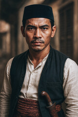 Traditional Indonesian male portrait in vest and songkok with ornate dagger at the waist; cultural pride and timeless character — generative AI