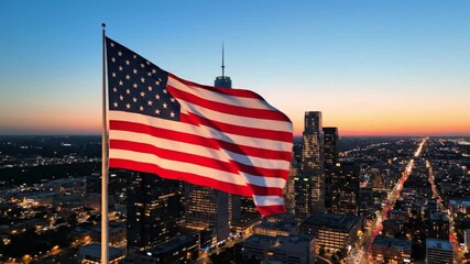 American flag waving proudly over a vibrant city skyline at sunset, symbolizing freedom, pride, and national identity with a patriotic glow - Powered by Adobe