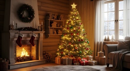 A warm, rustic living room with a tall Christmas tree in the corner, adorned with golden fairy lights, red and green ornaments, and a star on top