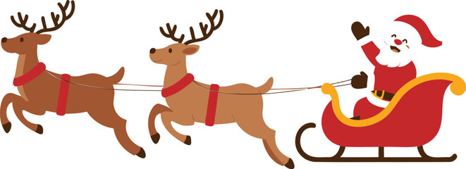 Santa claus riding in his sleigh pulled by two reindeer through the winter sky on christmas eve