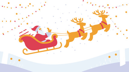 Whimsical illustration of santa claus in his sleigh pulled by reindeer flying through a snowy sky with festive lights