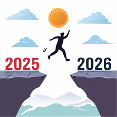 Silhouette of a person jumping from 2025 cliff to 2026 cliff with sun and clouds in the background new year