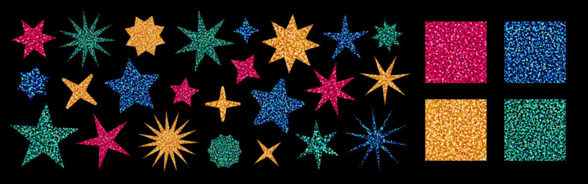 Glitter seamless patterns and stickers in the shape of stars on darl background. Sparkling vector sequin textures with shine effect, for stickers, DIY crafts, christmas wrapping. Drag to swatches.