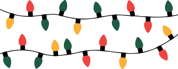 Festive string of red green and yellow christmas lights on a white background seamless pattern