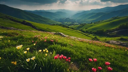 Wide spring landscape with a vibrant carpet of red pink and white wild tulips in the foreground against a backdrop of vast green mountain slopes and a sunny valley under a cloudy sky