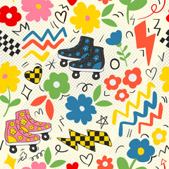 Playful seamless pattern with retro roller skates, colorful flowers, and lightning bolts. A fun Y2K-inspired design for apparel, wrapping paper, and digital art.
