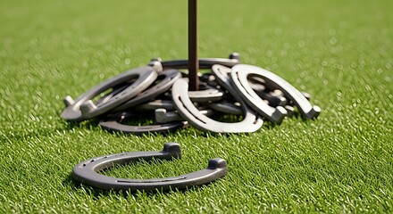 Lucky horseshoes scattered around a stake on lush green grass, capturing the essence of outdoor games and good fortune