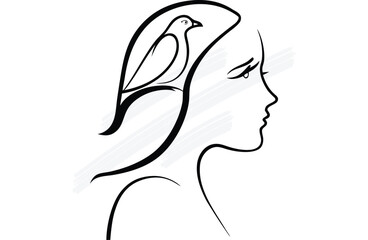 Minimalist Line Art Woman's Profile with Bird in Hair Silhouette animal woman continuous line art