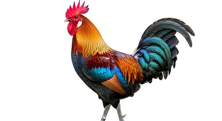 Fototapeta premium Majestic rooster with vibrant plumage showcasing its proud stance and striking colors in a clean studio setting