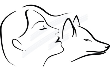 Animal woman continuous line art Line Art Woman Kissing a Fox profile animal