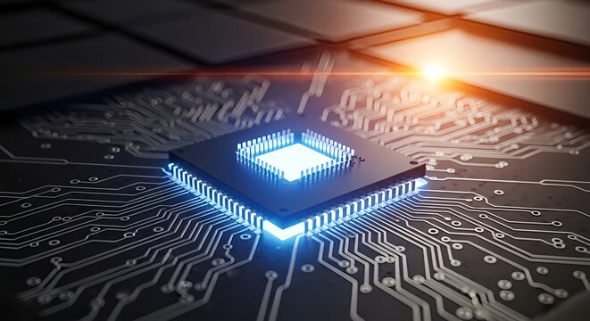 Vibrant glowing microchip powering advanced technology circuits in a modern digital network, symbolizing innovation and data flow