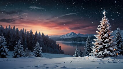 Christmas winter mountain landscape with snowy fir trees  against the backdrop of an evening sunset over a frozen lake starry sky with twinkling snowflakes and a bright star on the top of the tree