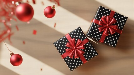 Obraz premium Two festive christmas gift boxes with red ribbon and ornaments
