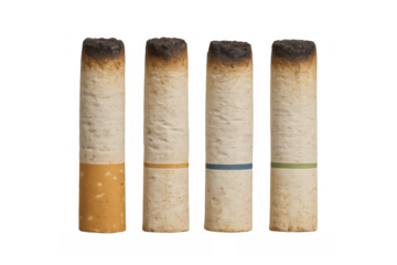 Four spent cigarette butts showing tobacco addiction, nicotine problem, and dangers of smoking, transparent background