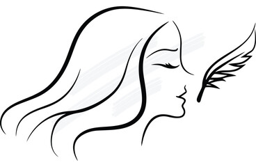 Minimalist line art profile a woman's face with a feather head hair animal woman continuous line art