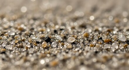A mesmerizing macro view of sparkling sand grains, revealing a miniature world of colorful minerals and textures on a sunlit beach