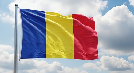 Waving Romanian flag against a bright blue sky with fluffy white clouds showcasing national pride and freedom