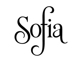Sofia — elegant calligraphic name logo. Stylized black-and-white lettering of the name Sofia with decorative swashes. Ideal for branding, invitations, stationery, and wall art.