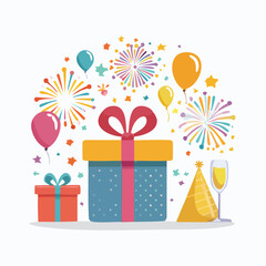 Birthday Celebration Scene with Large Gift Box Balloons Fireworks Party Hat and Champagne Glass present