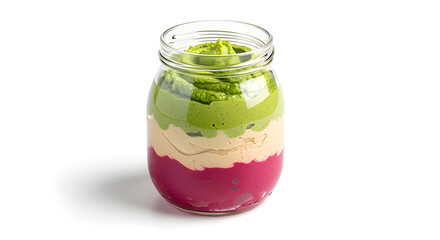 Layered hummus in glass jar with beet, chickpea, and spinach, healthy vegan snack, isolated on white.