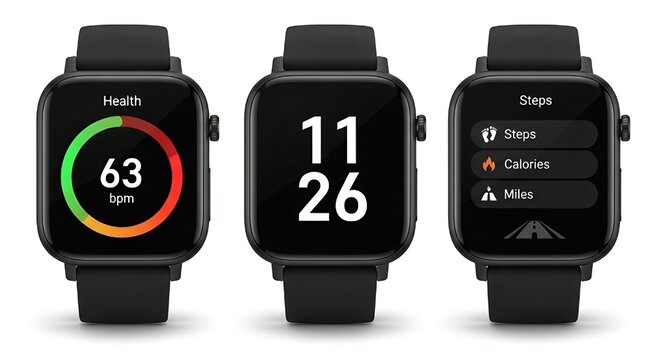 Modern smartwatch displays health tracking with heart rate, steps, calories, and distance metrics for active lifestyles