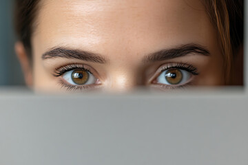 Close-up of a woman's eyes peering over a gray surface. Intense gaze, clear complexion, and defined eyebrows create a striking and focused image. Focus on the eyes, beauty, and detail.