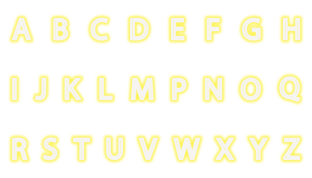 PNG, Glowing alphabet letters from A to Z in a bright yellow neon style .