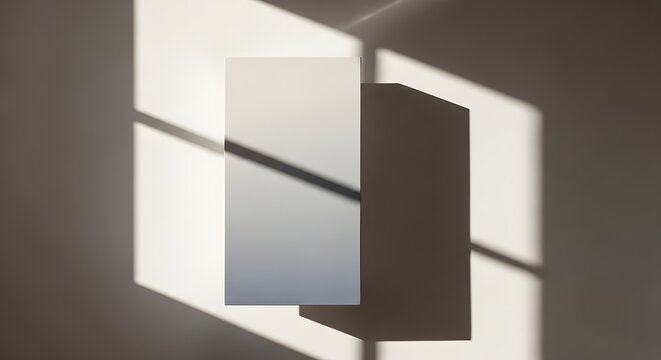 Artistic abstract composition of light and shadow patterns on a wall, clean geometry, soft gradients, neutral palette, architectural photography style, minimalist mood.
