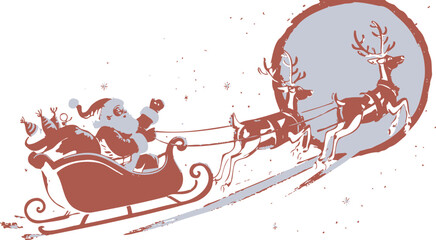 Whimsical illustration of santa claus in his sleigh pulled by reindeer against a large circular moonlit sky