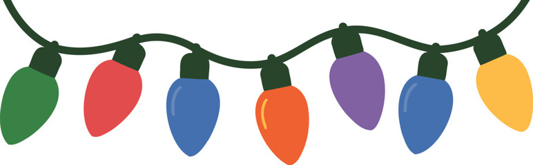 Vibrant string of colorful christmas lights with green red blue orange purple and yellow bulbs on a black wire