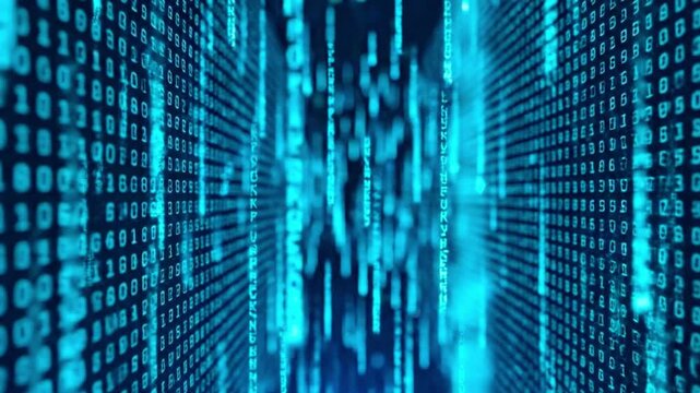 Digital rain effect with blue binary code falling down on a dark background with depth of field