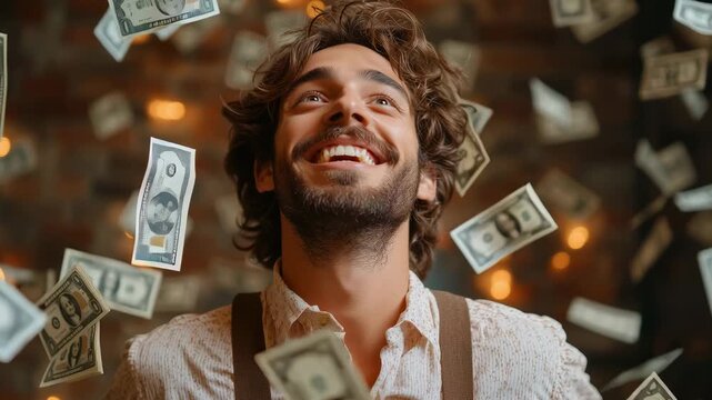 Man enjoying money falling around him in a cozy room with warm lights and a rustic vibe