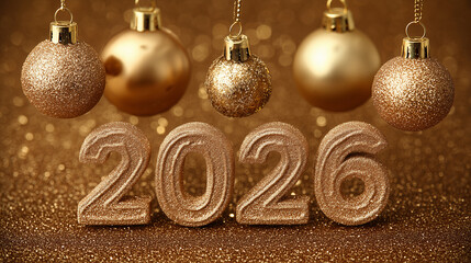 New Year celebration flat-lay: gold and silver decorations, champagne glasses, confetti, 2026 numbers, clean background, high-key lightin