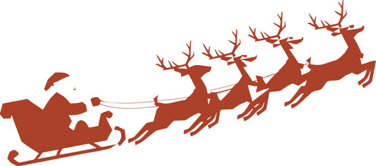 Iconic silhouette of santa claus in his sleigh pulled by a team of reindeer flying through the sky