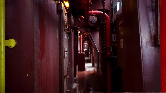 Narrow passage filled with pipes cables and chains creates industrial maze inside ship hull. Metallic walls amplify sound of dripping water