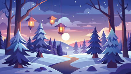 Peaceful Winter Forest Landscape with Lanterns and Snowy Pine Trees at Sunset