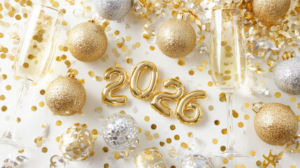 New Year celebration flat-lay: gold and silver decorations, champagne glasses, confetti, 2026 numbers, clean background, high-key lightin