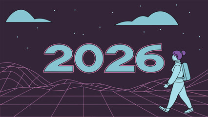 Retro Futuristic 2026 Typography with Neon Lights and Digital Horizon